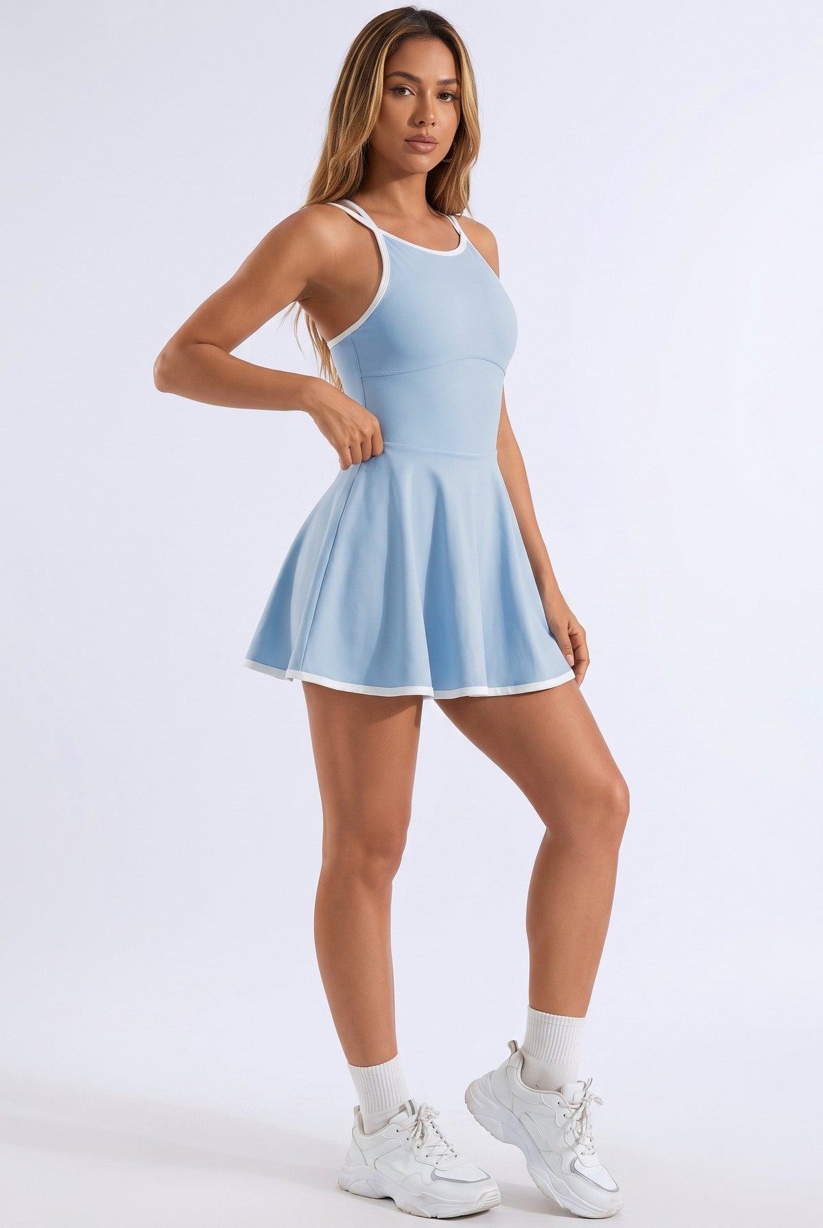 BELLA halter contrast trim dress in Sky blue – women's padel dress by Six'o – studio photo