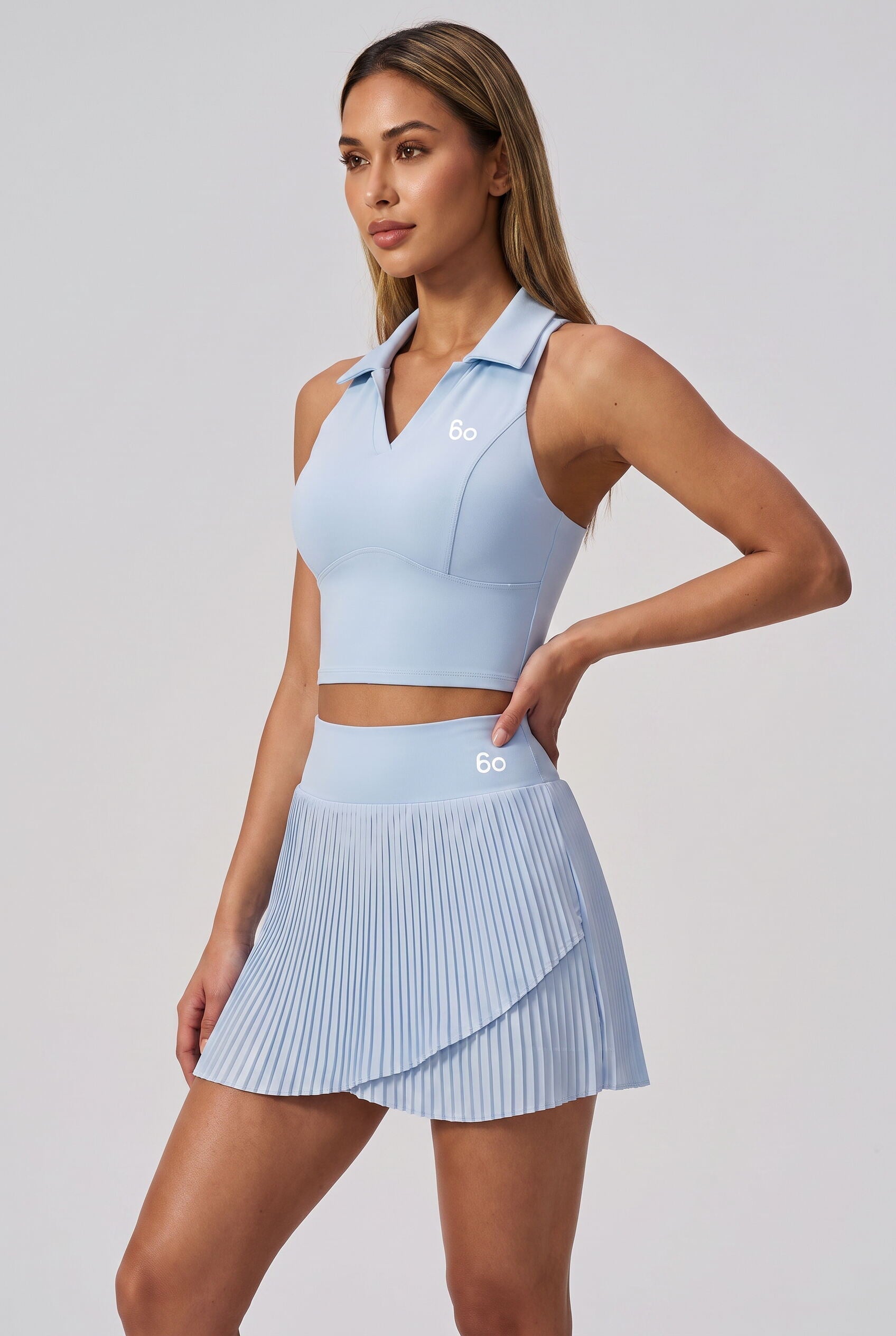 CLEO polo top & pleated skirt set Light blue
