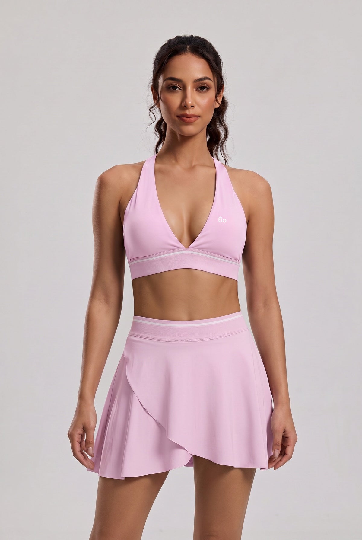 FREYA plunge bra & skirt set in Pink diamond – women's padel set by Six'o – front view