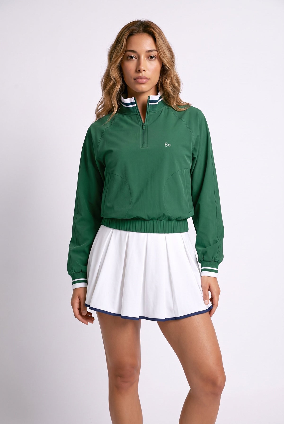 GRACE zip sweater & skirt set in Green sweater white skirt – women's padel set by Six'o – front view