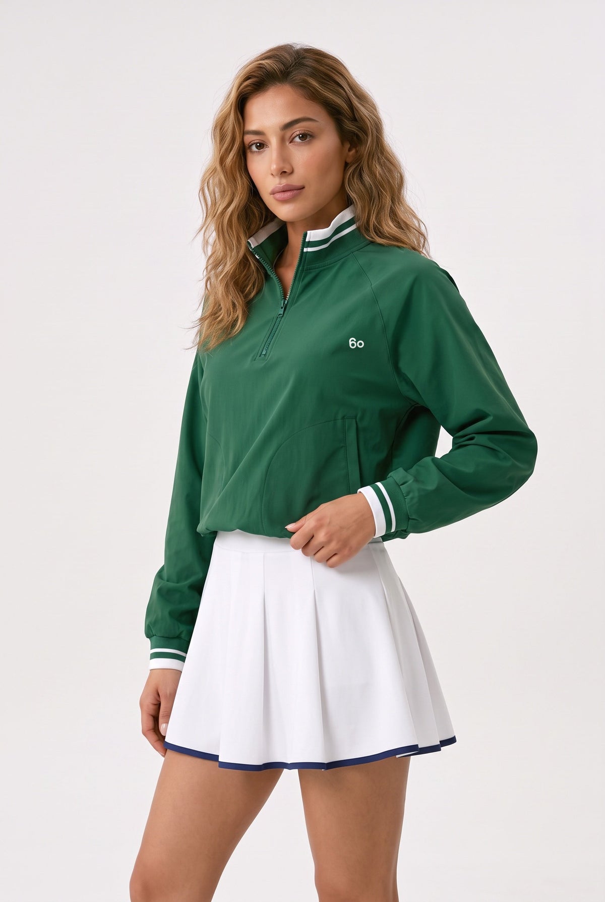 GRACE zip sweater & skirt set in Green sweater white skirt – women's padel set by Six'o – studio photo