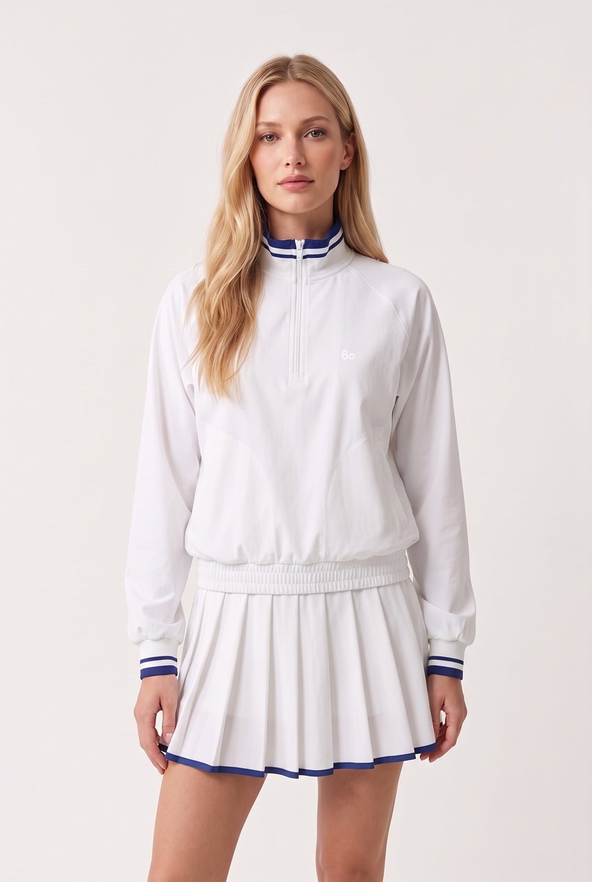 GRACE zip sweater & skirt set in White set – women's padel set by Six'o – front view