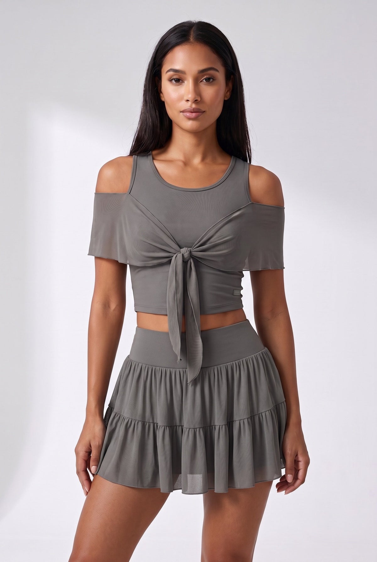 LILA cold-shoulder top & tiered skirt set in Grey – women's padel set by Six'o – front view