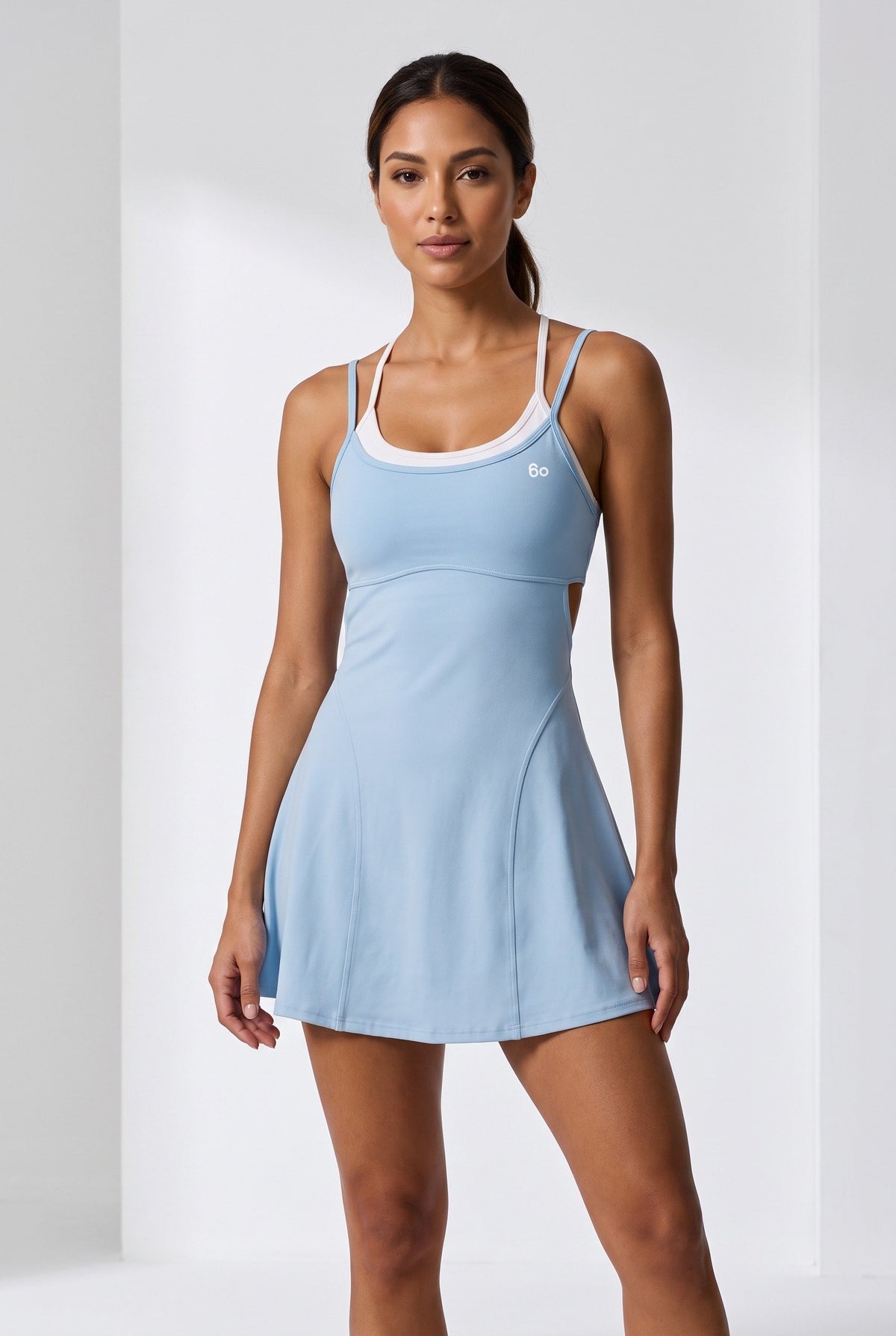 LOLA racerback padel dress in Sun blue – women's padel dress by Six'o – front view