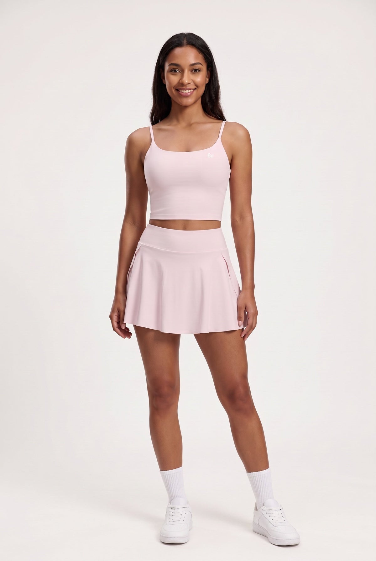 MILA cami bra & flare skirt set in Pink – women's padel set by Six'o – front view