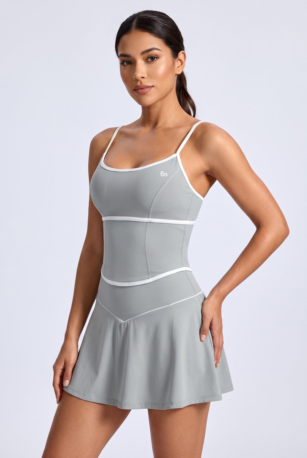 NINA cami top & flare skirt set in Moon grey – women's padel set by Six'o – studio photo
