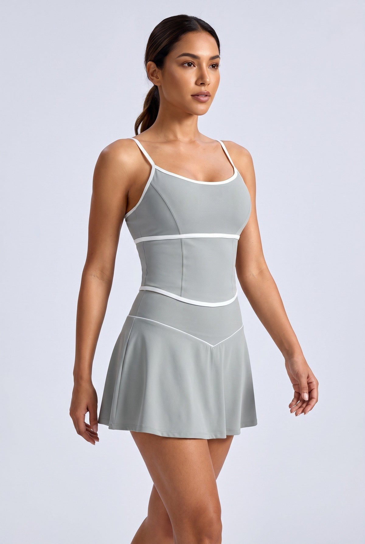 NINA cami top & flare skirt set in Moon grey – women's padel set by Six'o – full-length studio photo