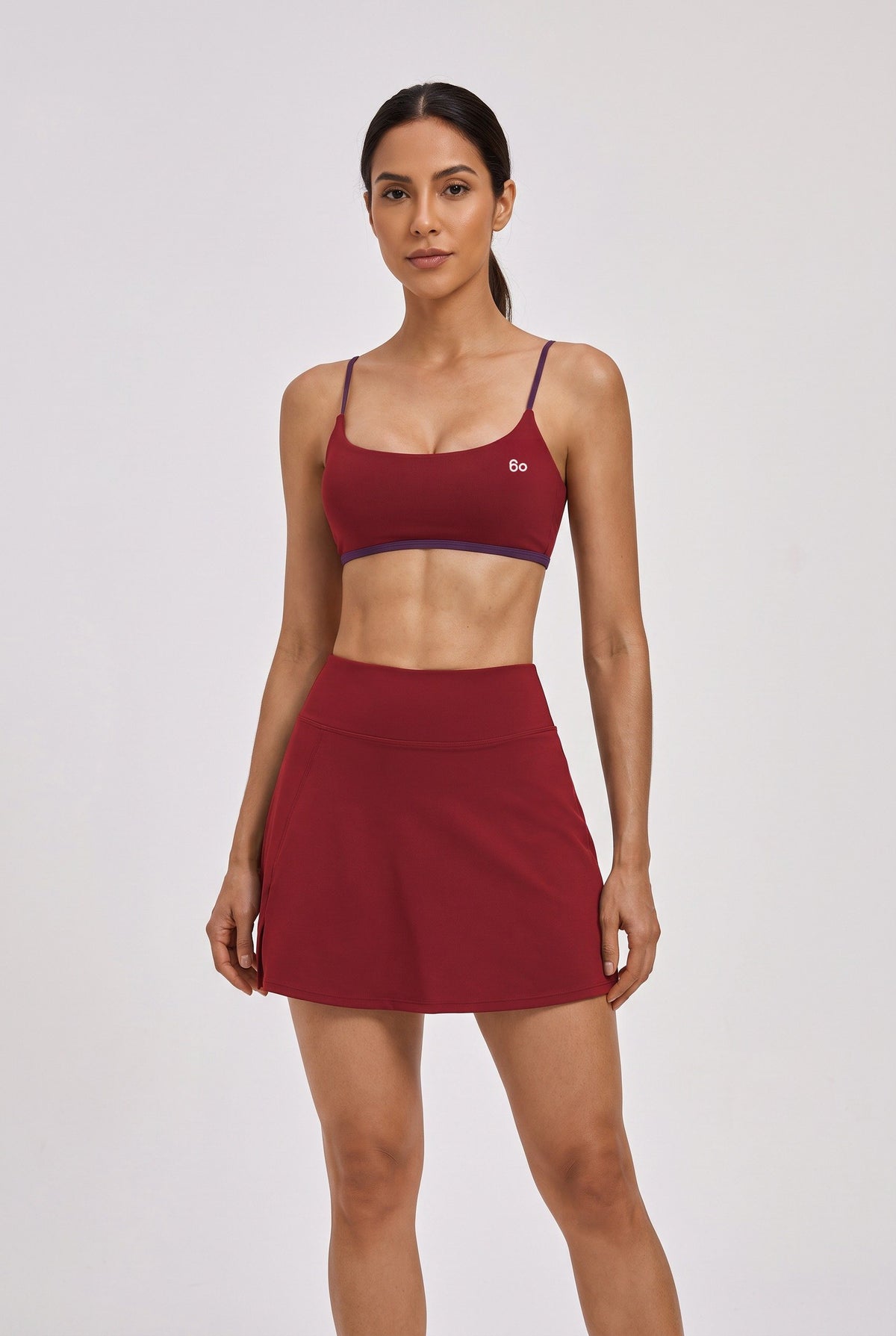 OLIVIA strap bra & skirt set in Red bean – women's padel set by Six'o – front view