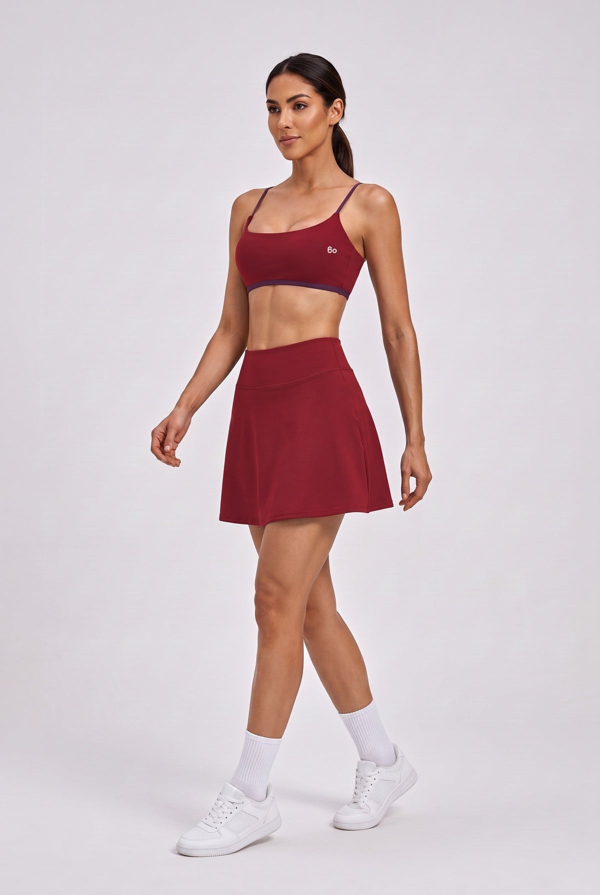 OLIVIA strap bra & skirt set in Red bean – women's padel set by Six'o – full-length studio photo