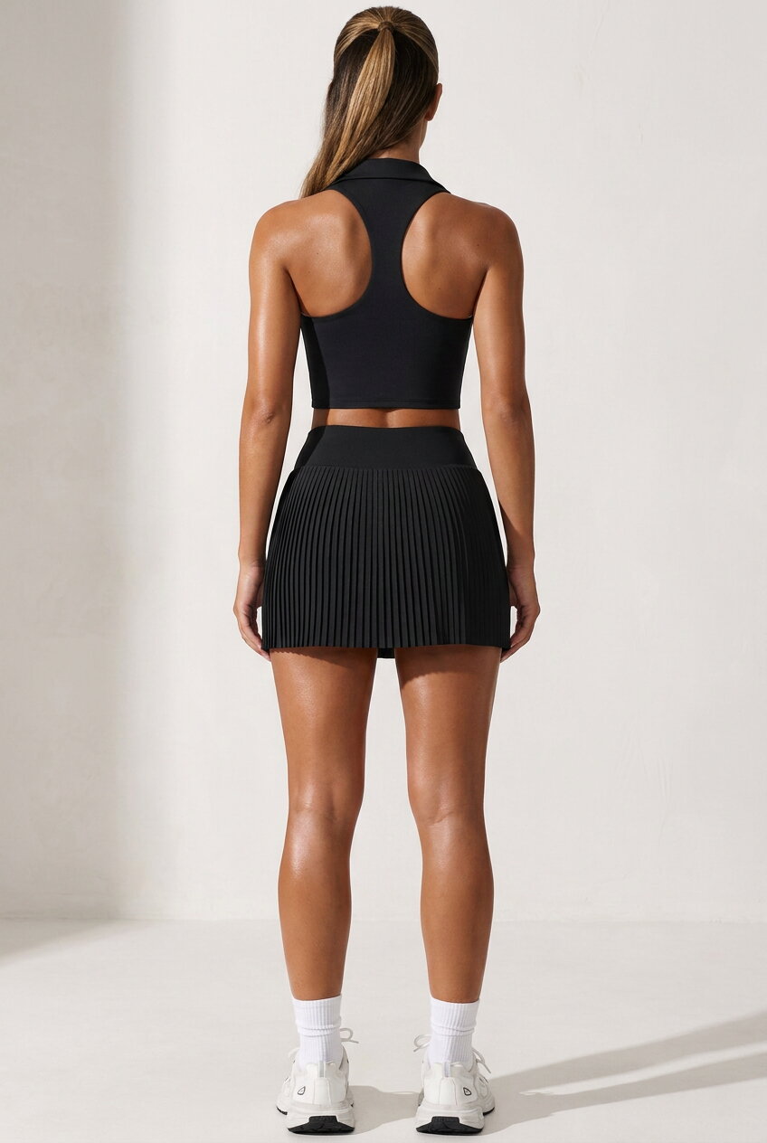CLEO polo top & pleated skirt set Black