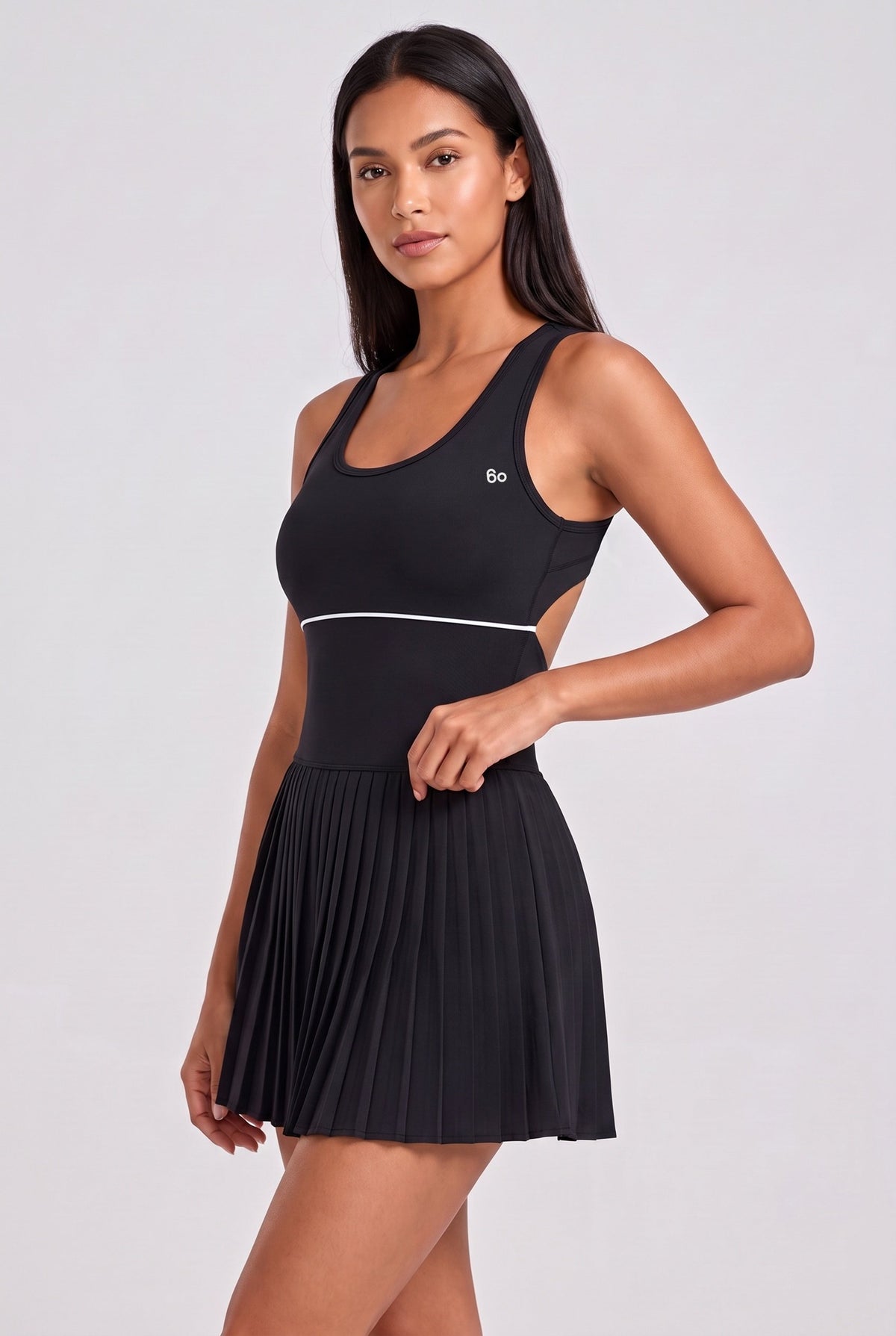 RUBY piped tank pleated dress in Black – women's padel dress by Six'o – studio photo