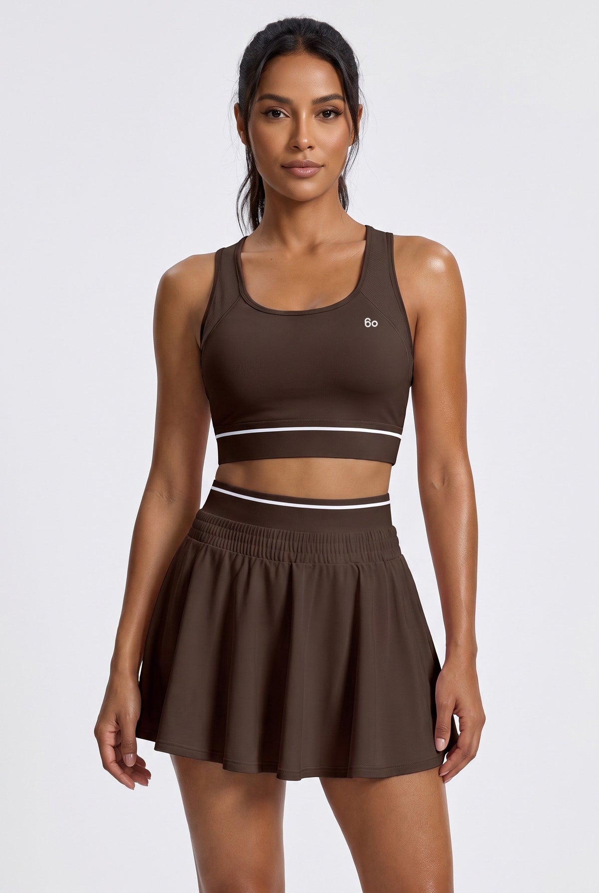 TESSA striped tank & pleated skirt set in Espresso brown – women's padel set by Six'o – front view