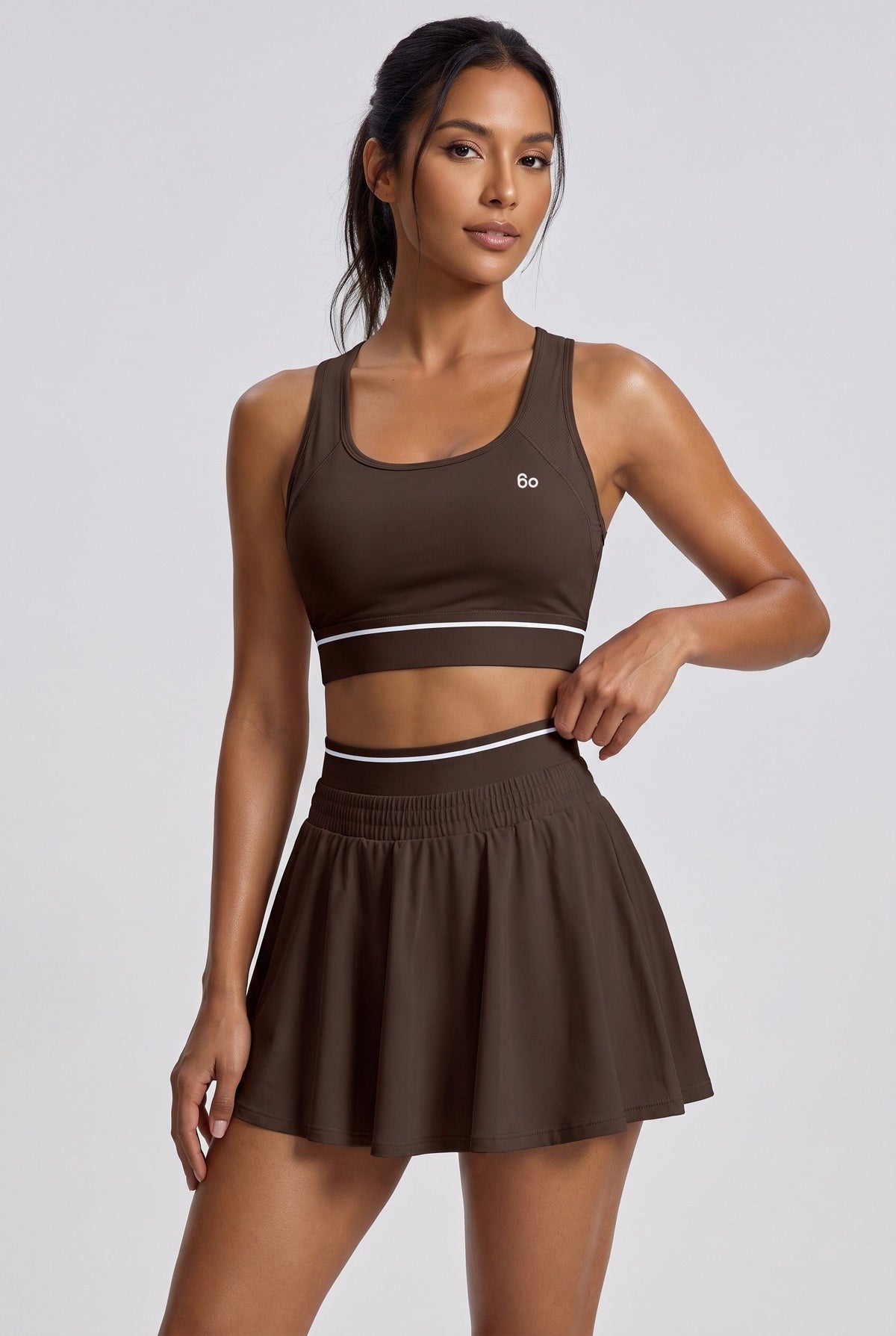 TESSA striped tank & pleated skirt set in Espresso brown – women's padel set by Six'o – studio photo