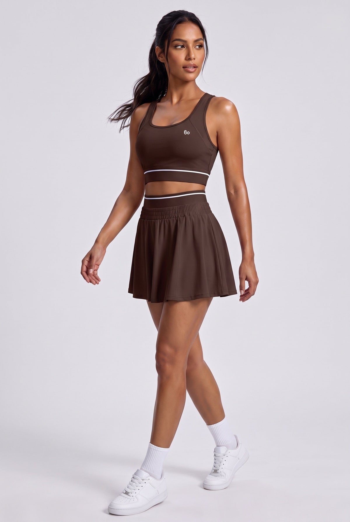 TESSA striped tank & pleated skirt set in Espresso brown – women's padel set by Six'o – full-length studio photo