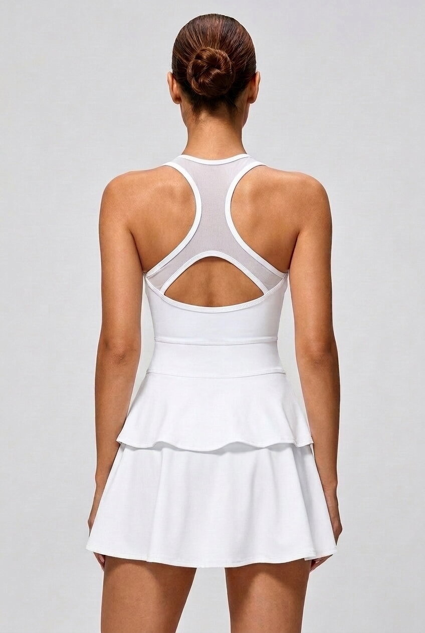 AURA layered skirt padel dress White back