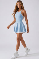 BELLA halter contrast trim dress in Sky blue – women's padel dress by Six'o – full-length studio photo