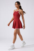 BELLA halter contrast trim dress in Wine red – women's padel dress by Six'o – full-length studio photo