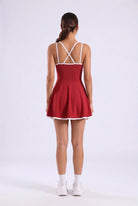 BELLA halter contrast trim dress in Wine red – women's padel dress by Six'o – back view