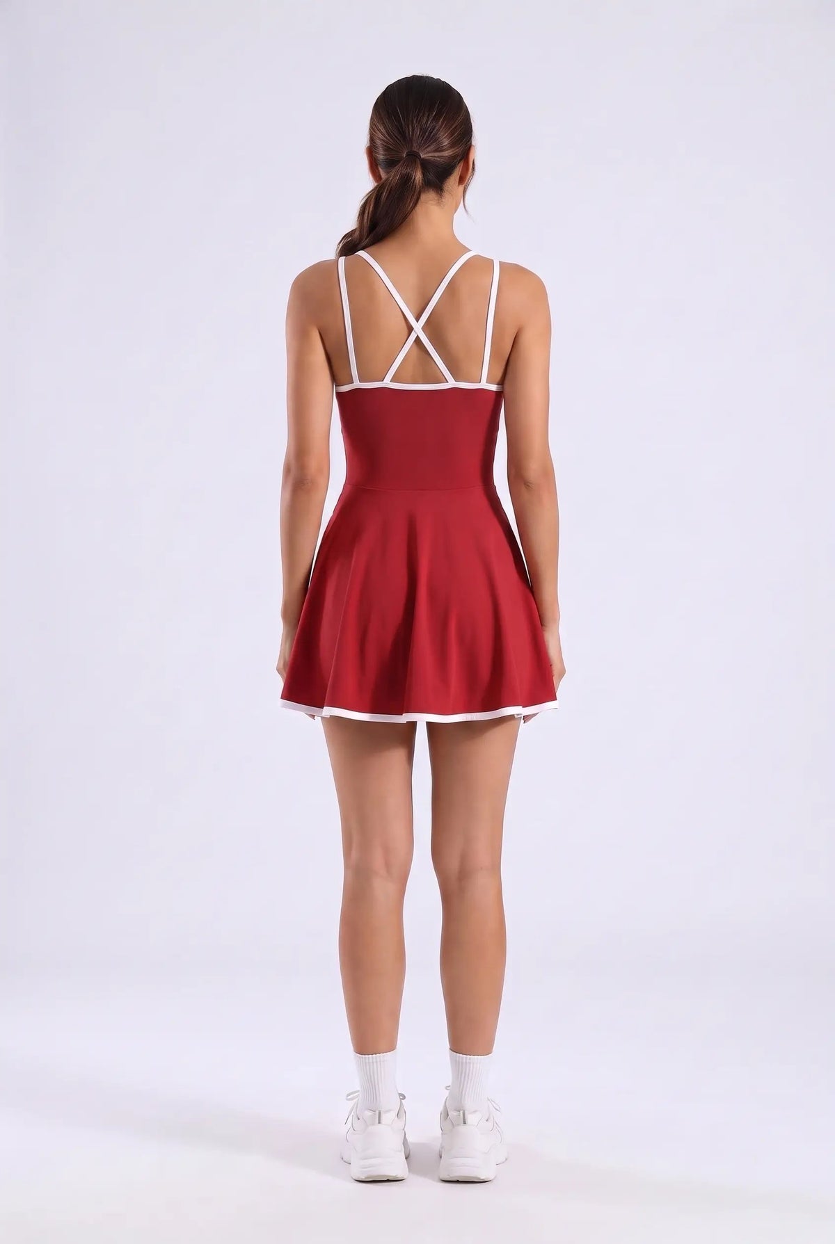 BELLA halter contrast trim dress in Wine red – women's padel dress by Six'o – back view
