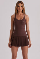 ELLA scoop neck pleated padel dress in Brown – women's padel dress by Six'o – front view