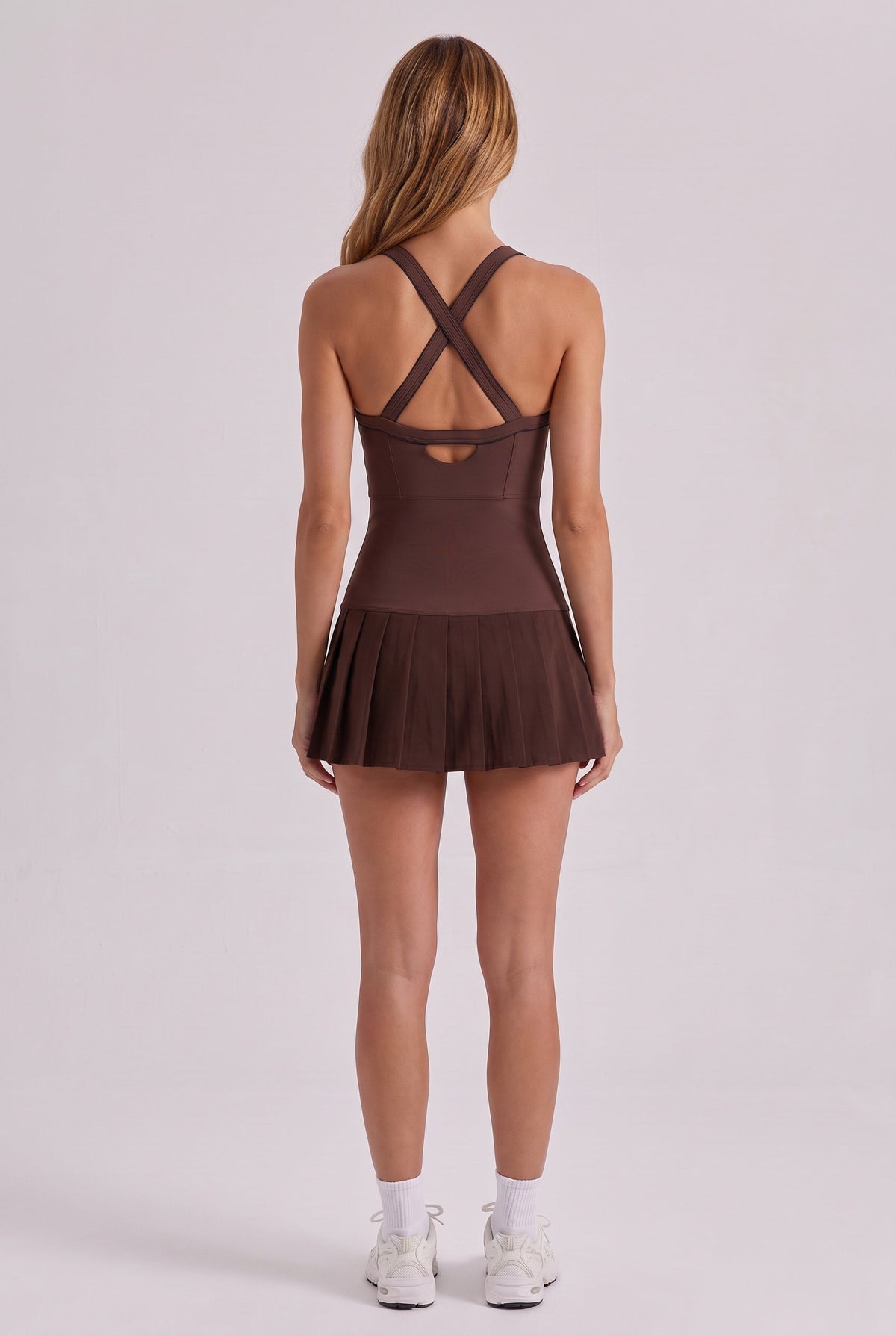 ELLA scoop neck pleated padel dress in Brown – women's padel dress by Six'o – back view