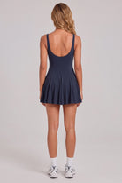 EMMA square neck pleated dress in Midnight blue – women's padel dress by Six'o – back view