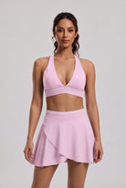 FREYA plunge bra & skirt set in Pink diamond – women's padel set by Six'o – front view
