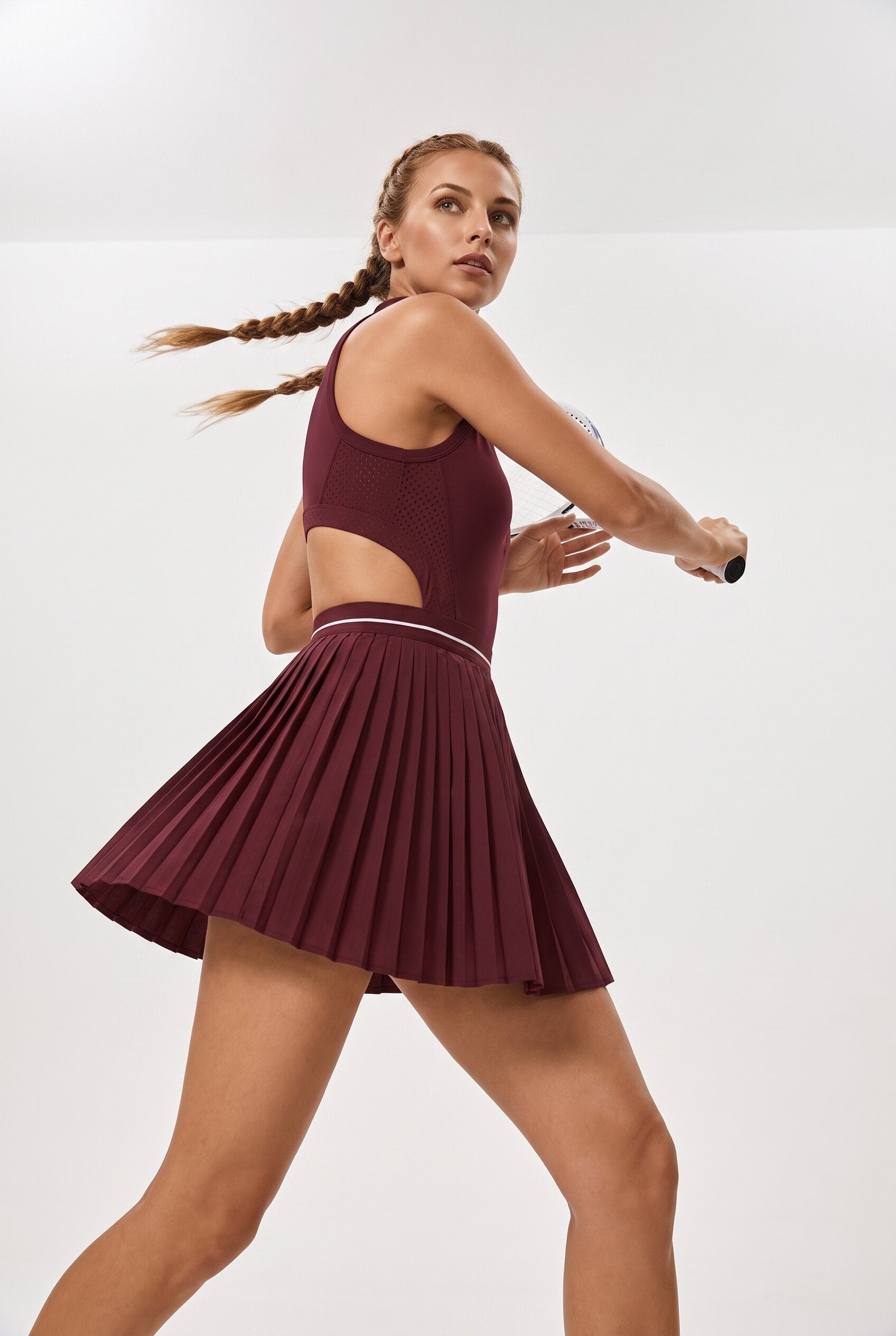 GAIA zip collar pleated padel dress Burgundy