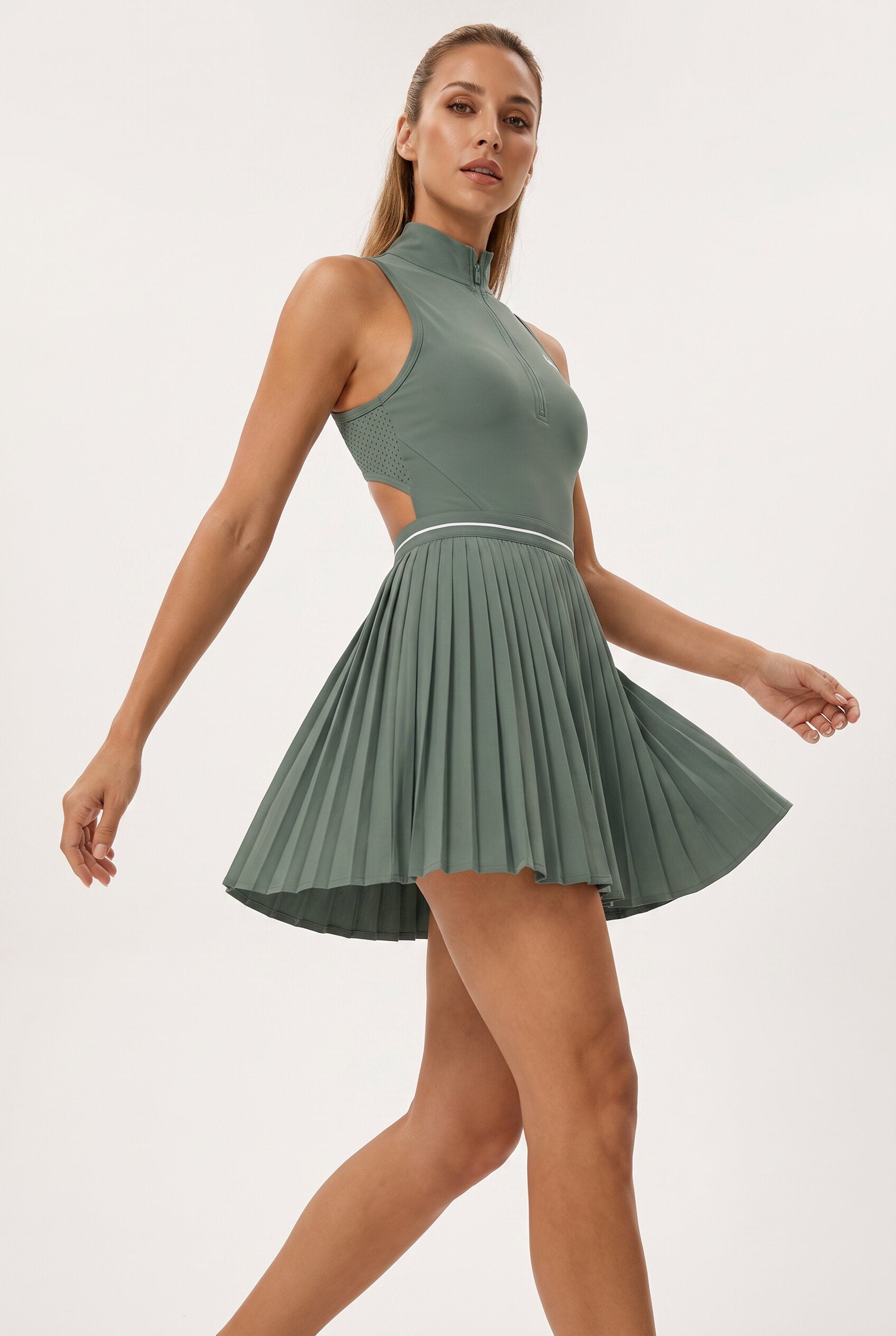GAIA zip collar pleated padel dress Olive