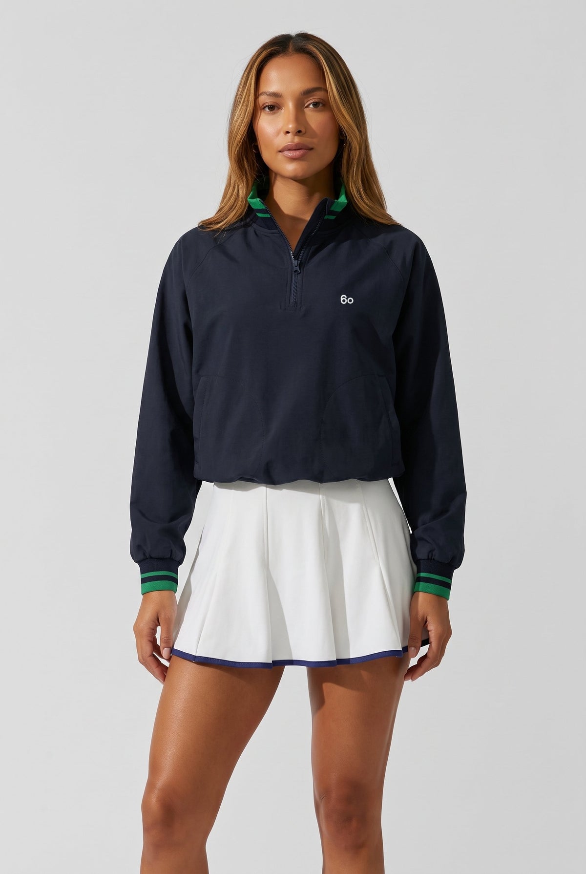 GRACE zip sweater & skirt set in Navy sweater white skirt – women's padel set by Six'o – front view