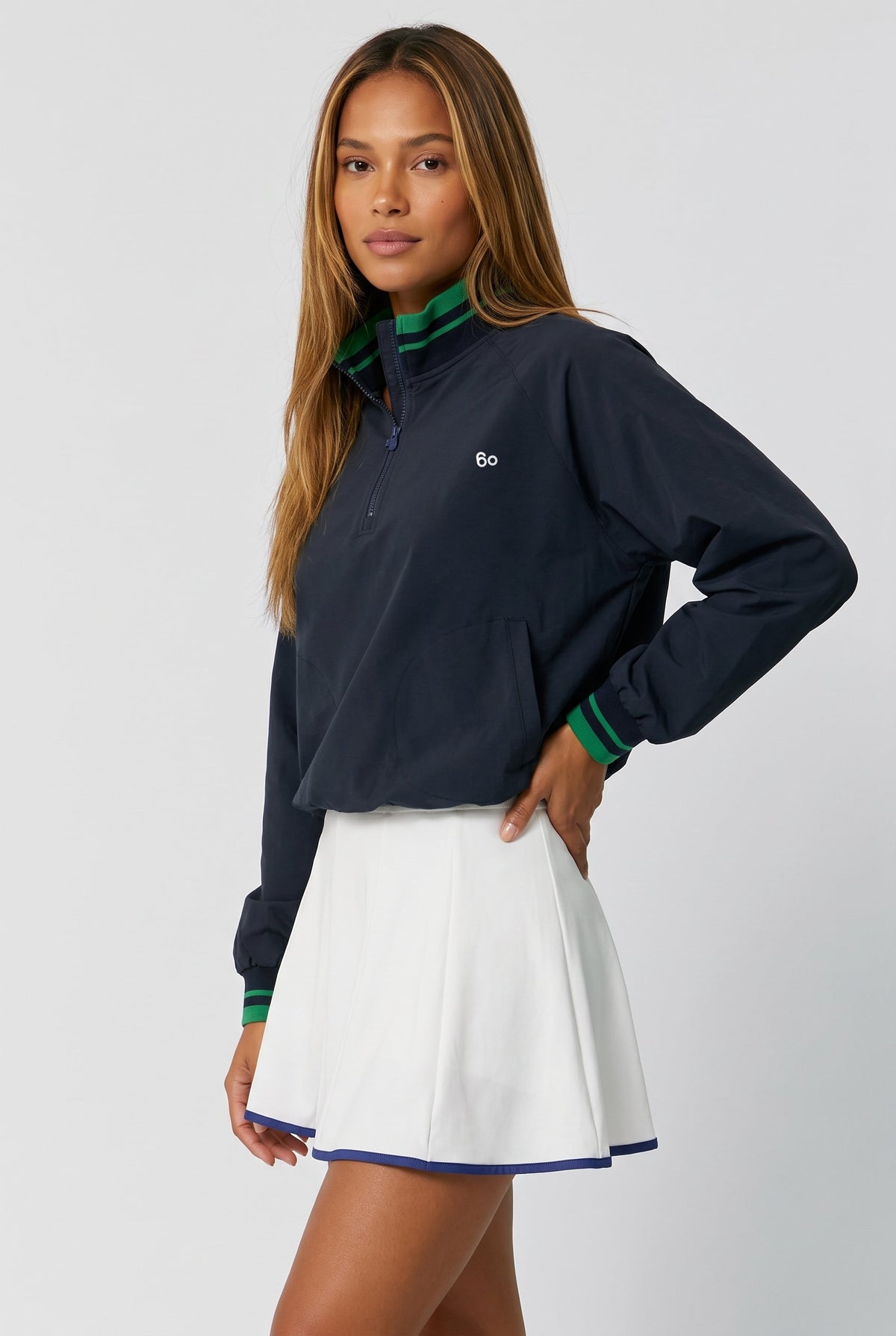 GRACE zip sweater & skirt set in Navy sweater white skirt – women's padel set by Six'o – studio photo