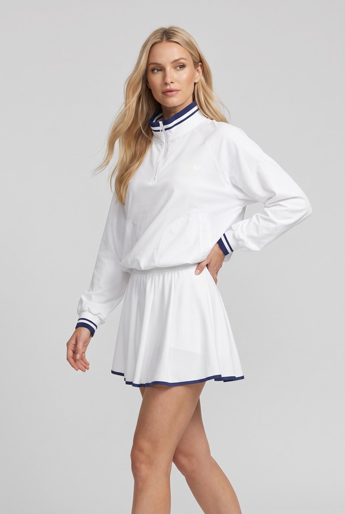 GRACE zip sweater & skirt set in White set – women's padel set by Six'o – full-length studio photo