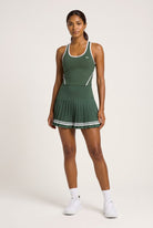 IVY tipped tank & pleated skirt set in Green – women's padel set by Six'o – front view