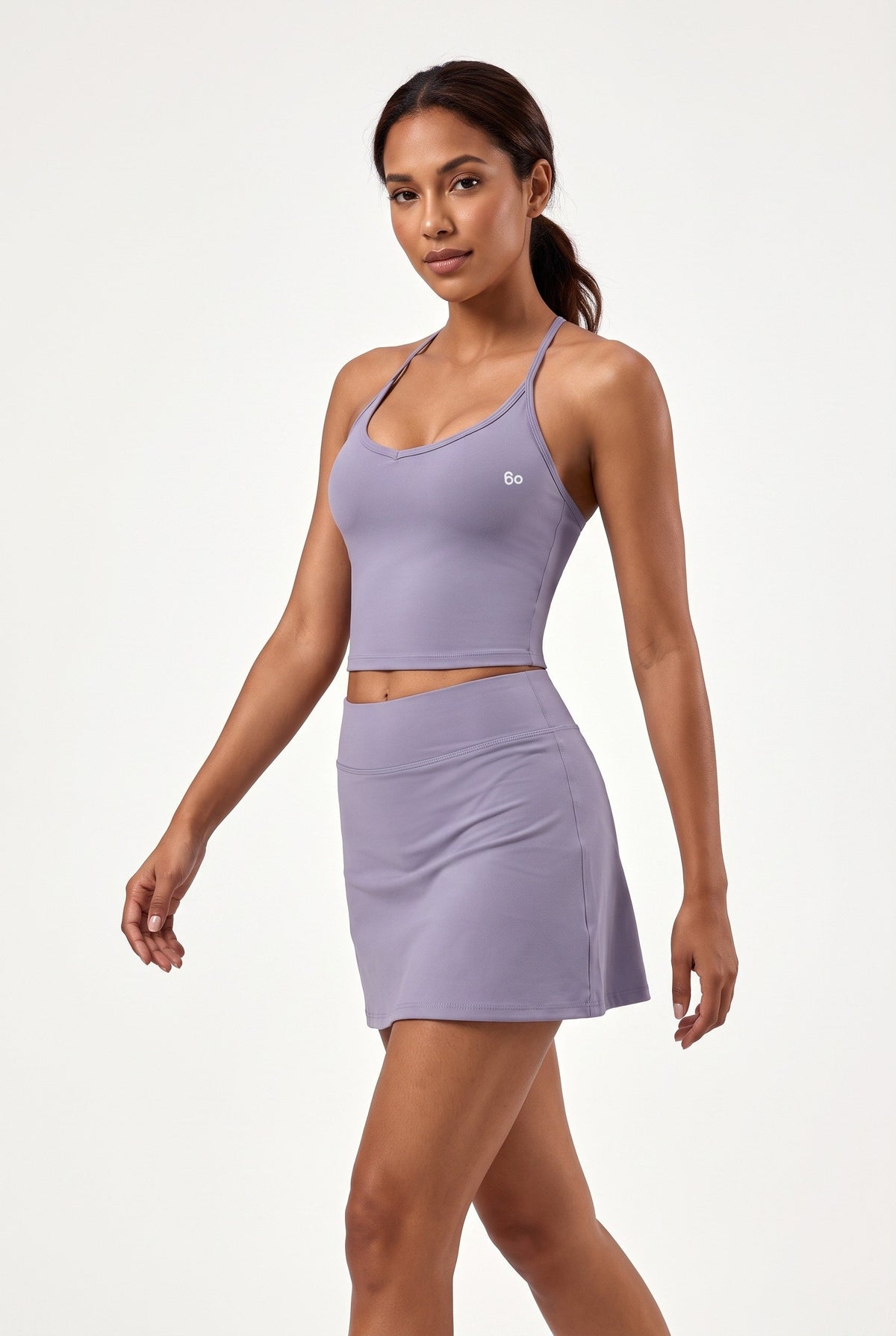 JADE cami top & skirt set in Lavender – women's padel set by Six'o – full-length studio photo