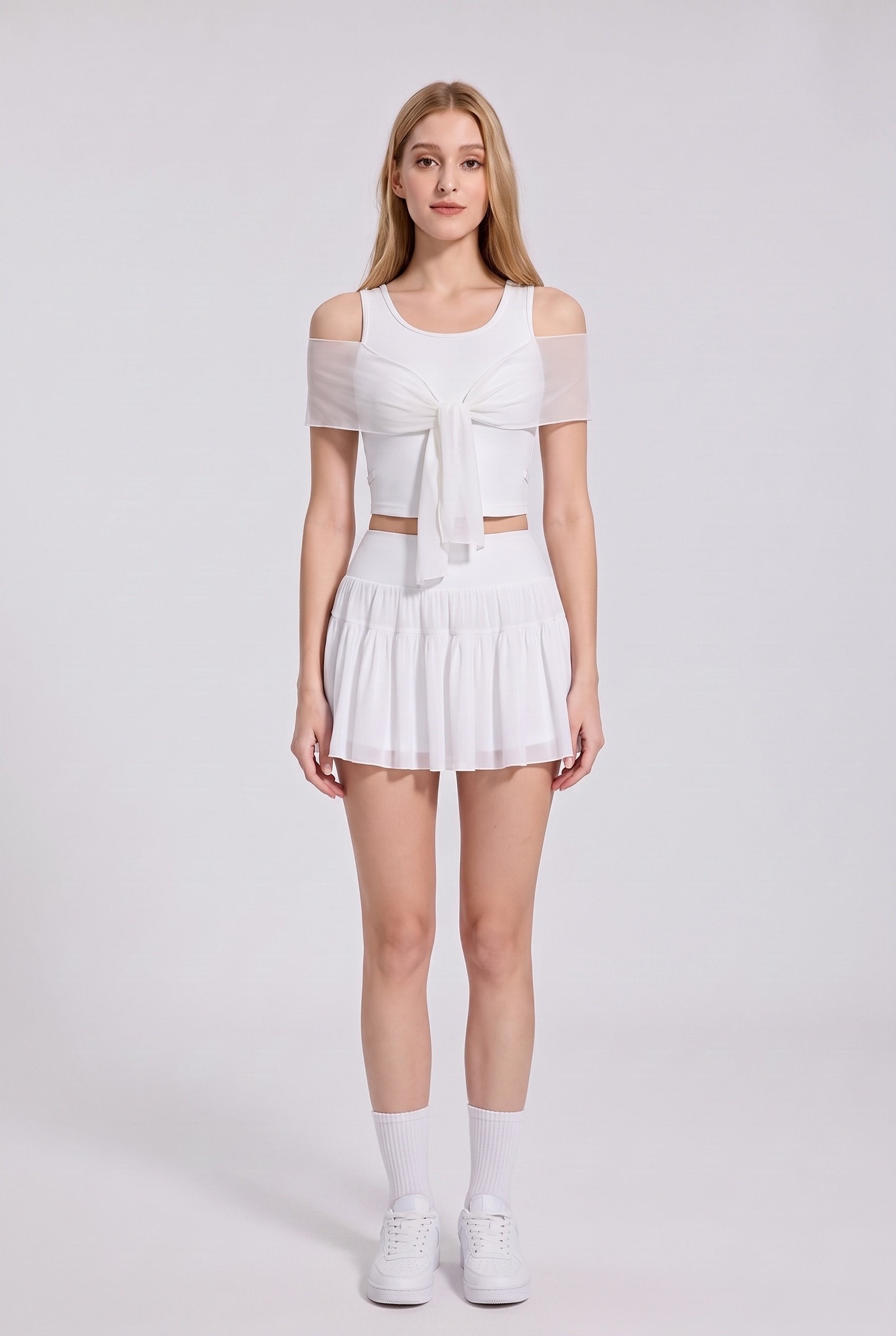 LILA cold-shoulder top & tiered skirt set in White – women's padel set by Six'o – front view