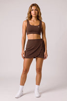 LIV bra top & wrap skirt set in Brown – women's padel set by Six'o – front view
