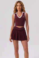 LUNA v-neck top & pleated skirt set in Burgundy – women's padel set by Six'o – front view