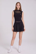 MAYA mesh tank & pleated skirt set in Black – women's padel set by Six'o – front view