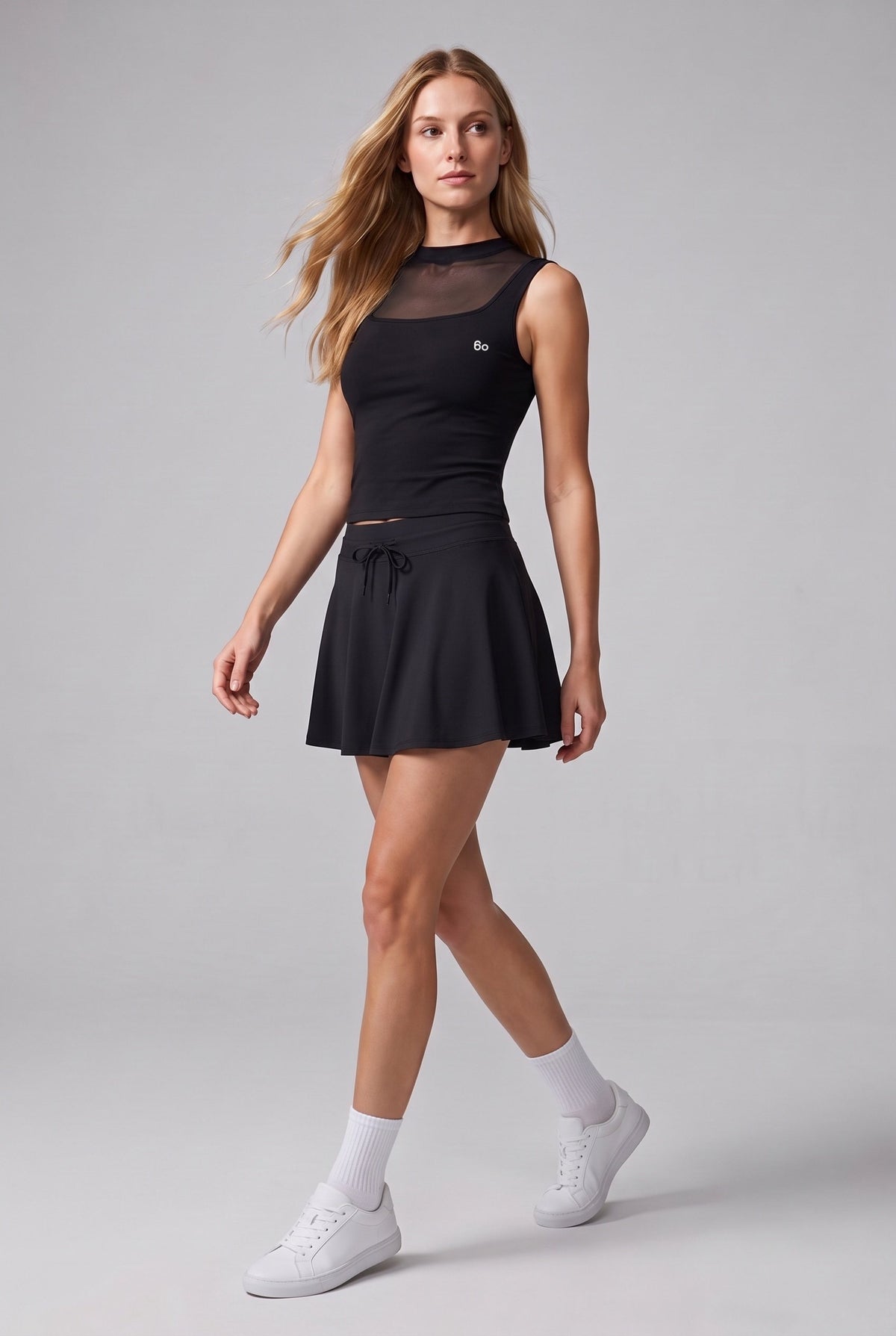 MAYA mesh tank & pleated skirt set in Black – women's padel set by Six'o – full-length studio photo