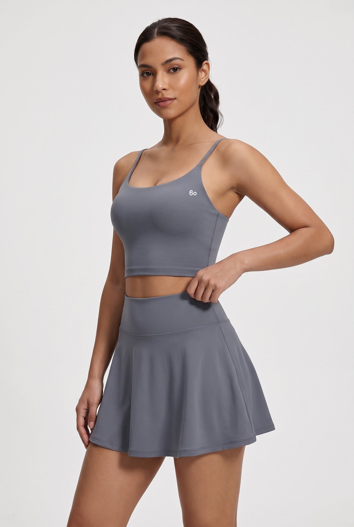 MILA cami bra & flare skirt set in Grey – women's padel set by Six'o – studio photo