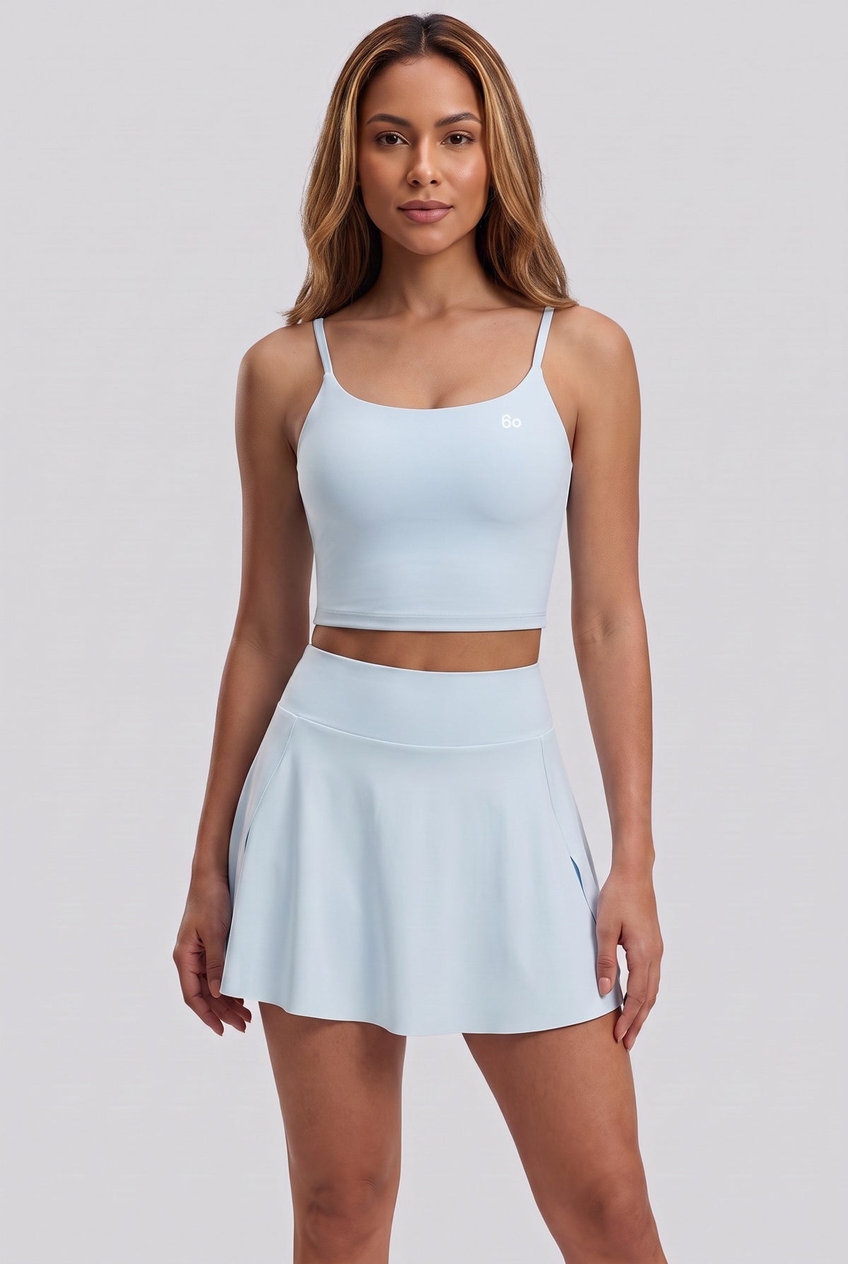 MILA cami bra & flare skirt set in Light blue – women's padel set by Six'o – front view