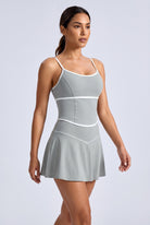 NINA cami top & flare skirt set in Moon grey – women's padel set by Six'o – full-length studio photo
