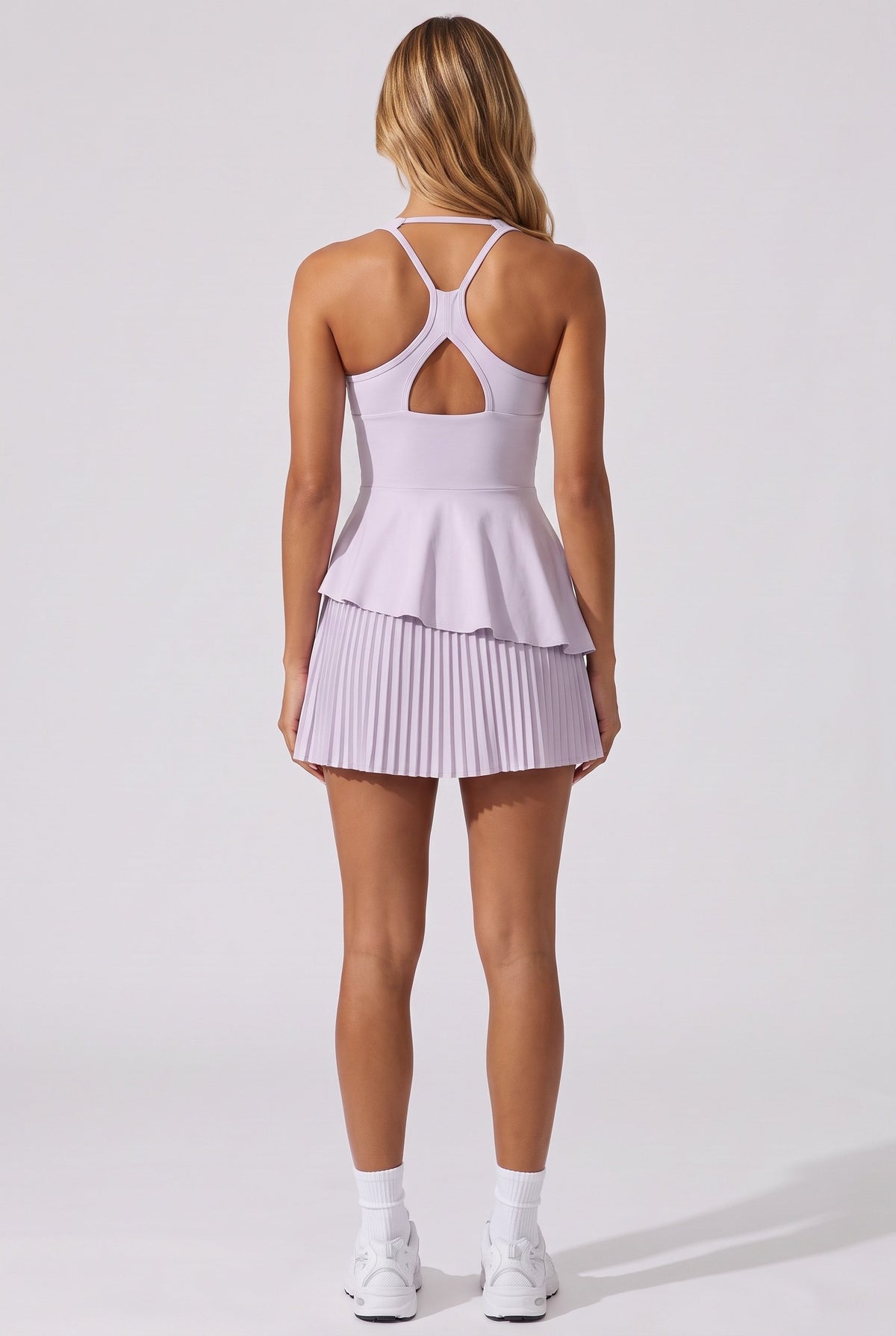 NOVA layered ruffle padel dress in Lavender – women's padel dress by Six'o – back view