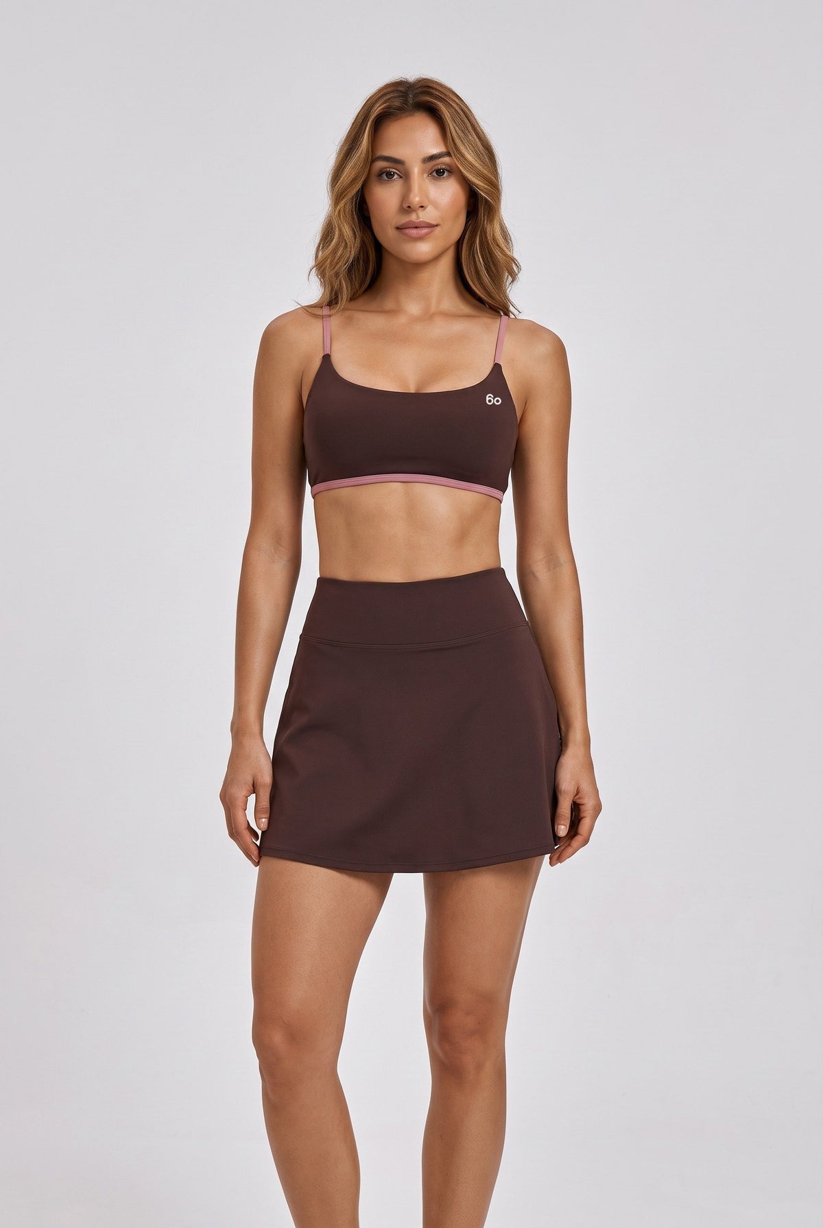 OLIVIA strap bra & skirt set in Dark brown – women's padel set by Six'o – front view