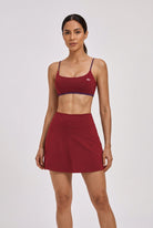OLIVIA strap bra & skirt set in Red bean – women's padel set by Six'o – front view