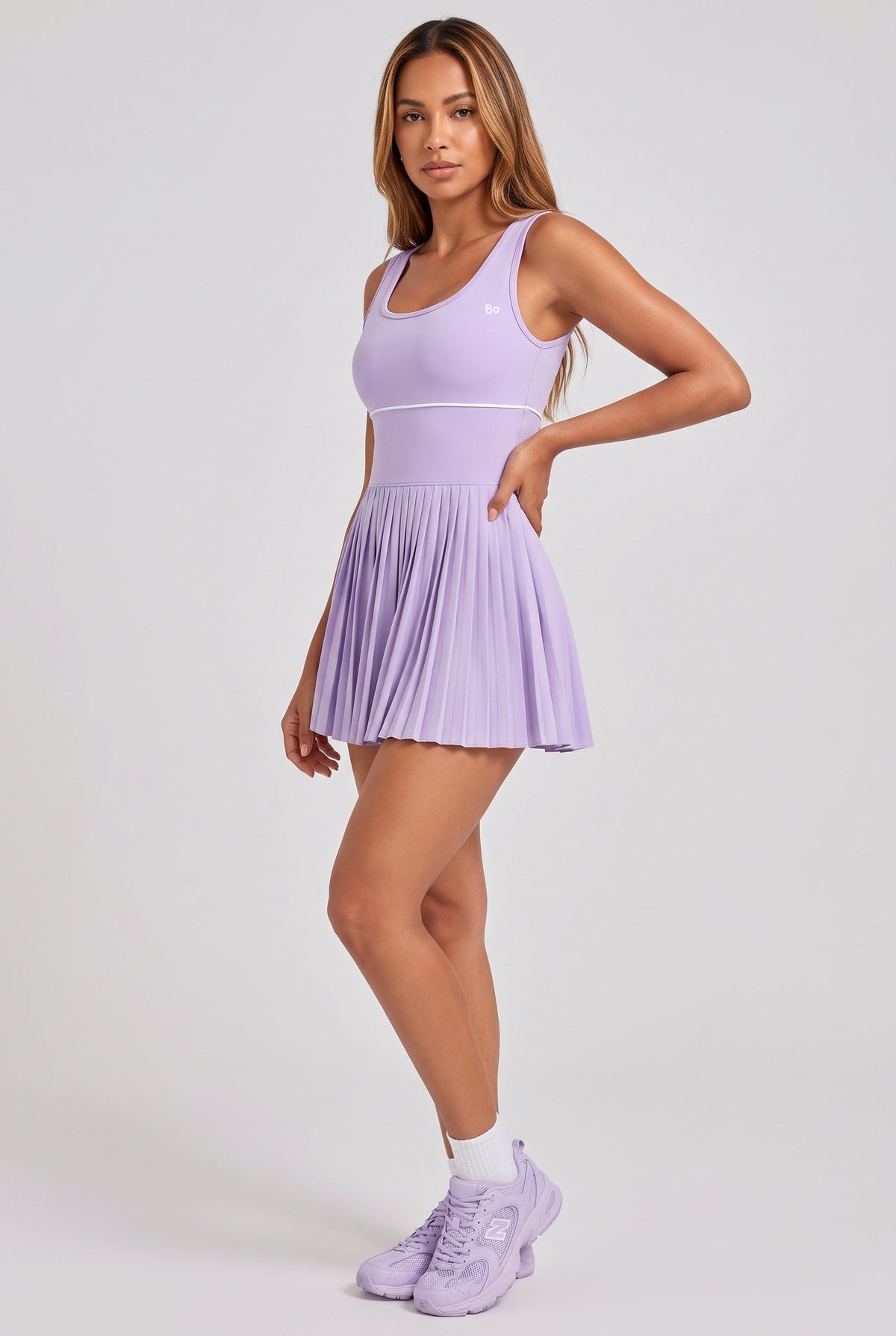 RUBY piped tank pleated dress in Lavender – women's padel dress by Six'o – studio photo