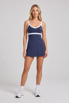 SOFIA contrast trim v-neck dress in Midnight blue – women's padel dress by Six'o – front view