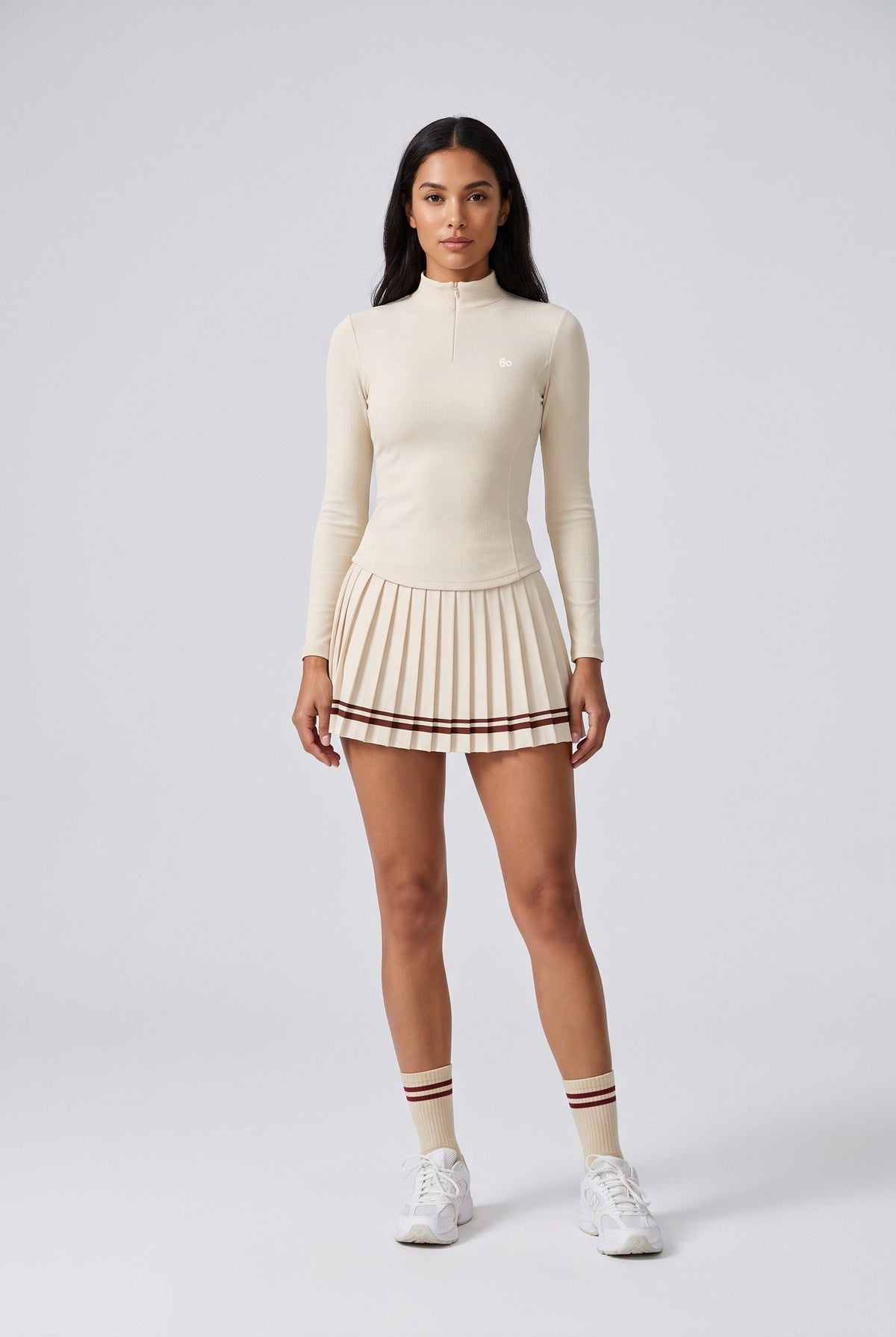 STELLA long sleeve & pleated skirt set in Beige – women's padel set by Six'o – front view
