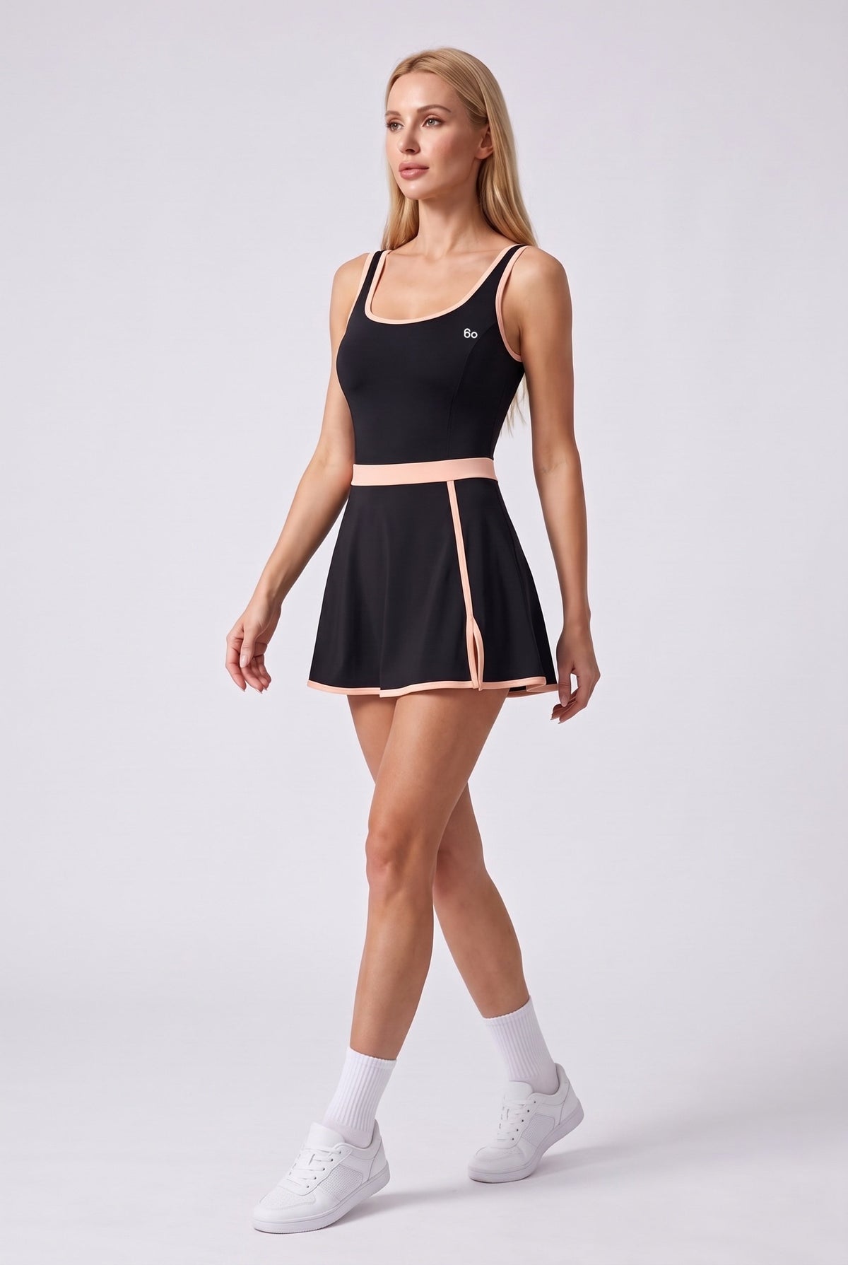 TARA tank top & trim skirt set in Black – women's padel set by Six'o – full-length studio photo