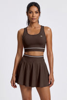 TESSA striped tank & pleated skirt set in Espresso brown – women's padel set by Six'o – front view